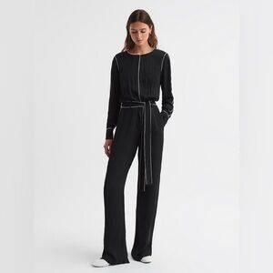 REISS Esther Belted Trim Jumpsuit in Black